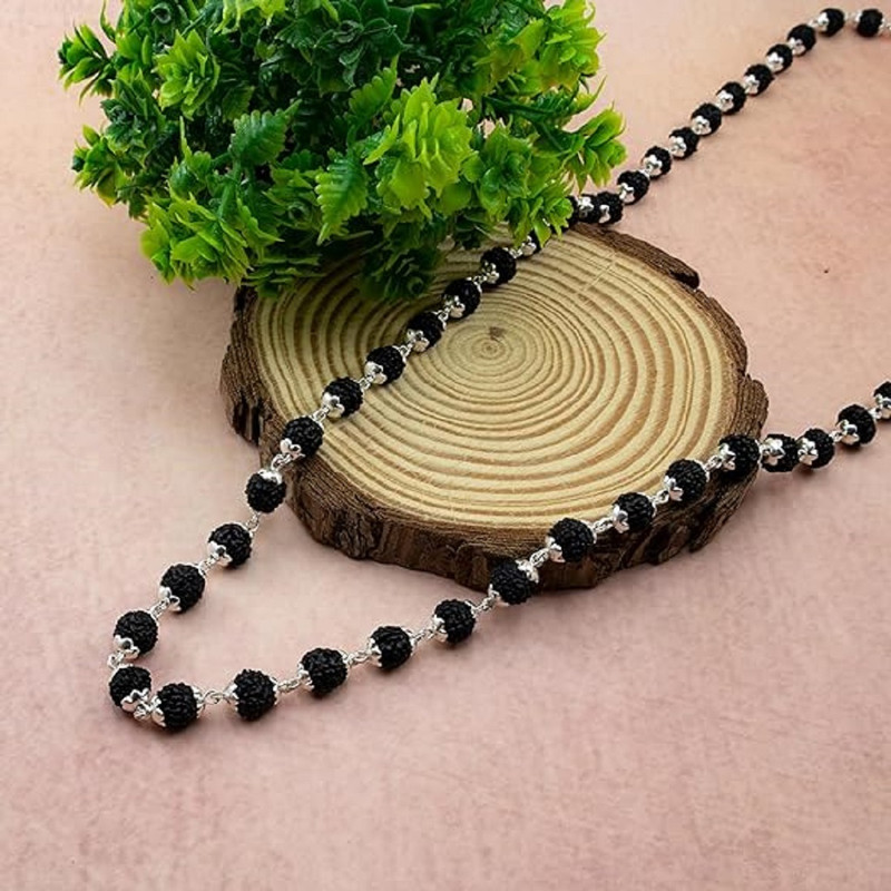 Authentic 5 Mukhi Rudraksha Mala with Silver Caps Chain for Men & Women | 6mm Natural Panchmukhi Bead Necklace for Meditation & Daily Wear